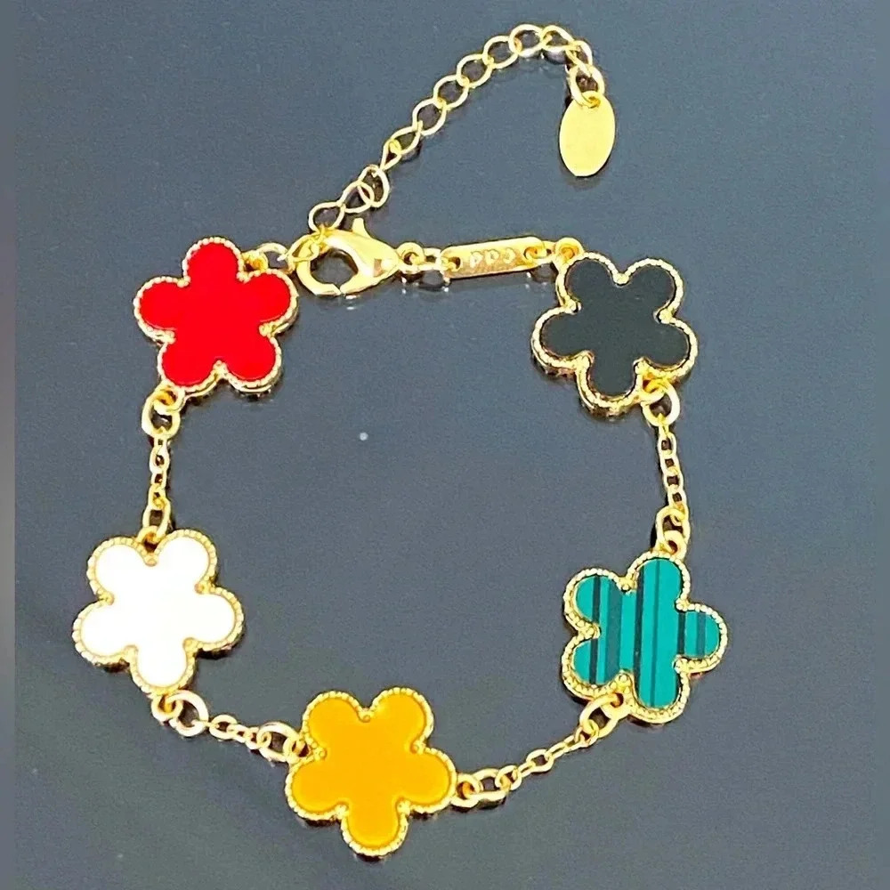 5 Lucky Clover Multicolor Charms Gold Tone Luxury Style Chain Bracelet New